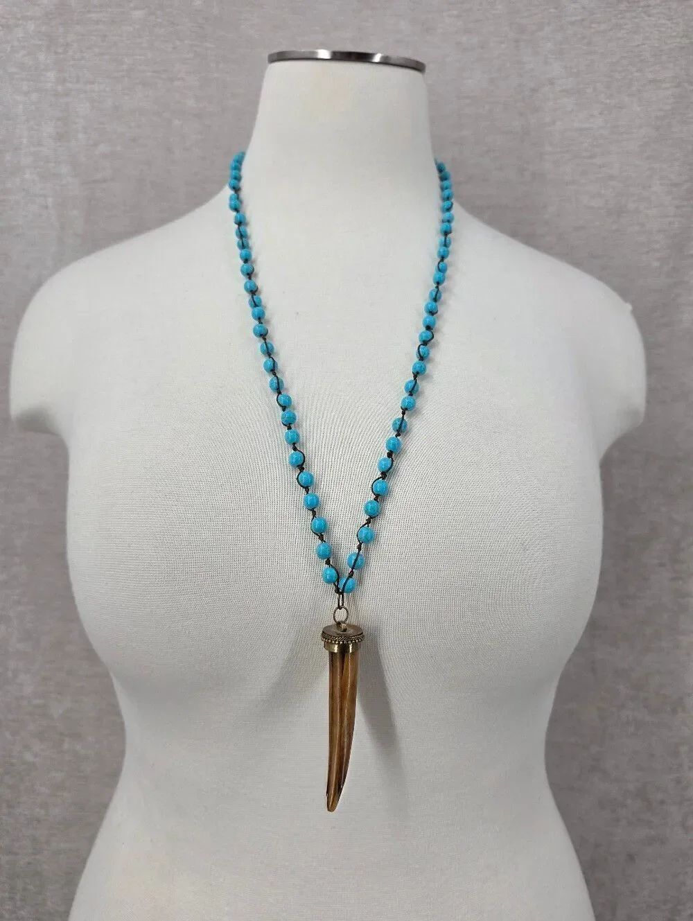 Turquoise Faux?  Bead Long Necklace with Horn Pendant